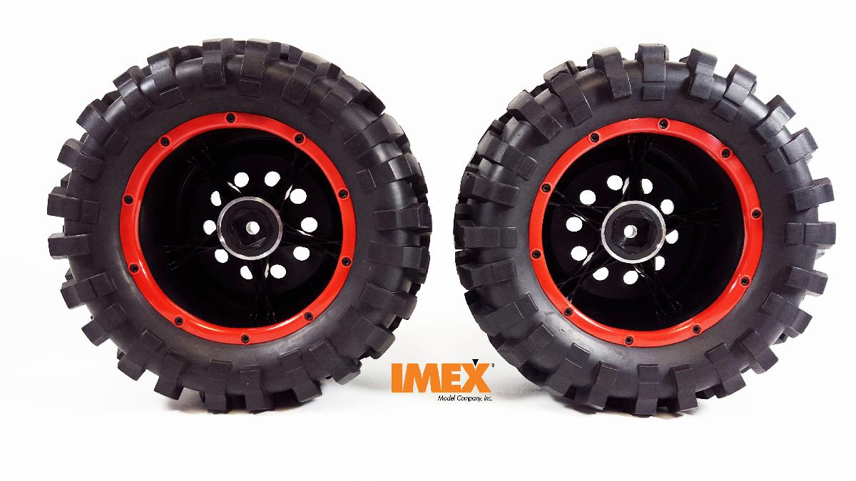 J-8 Tires w/ Pluto Beadlock Rims (Black/Red) (1 Pair) - Prebuilt Monster Truck Tires