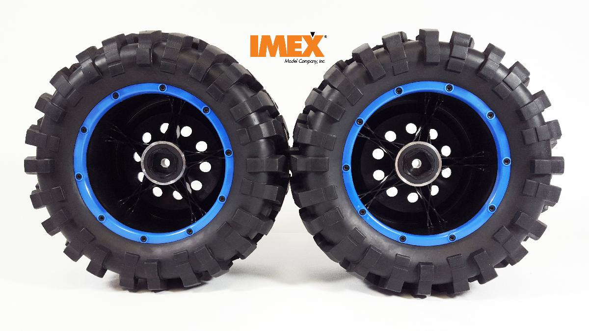 J-8 Tires w/ Pluto Beadlock Rims (Black/Blue) (1 Pair) - Prebuilt Monster Truck Tires