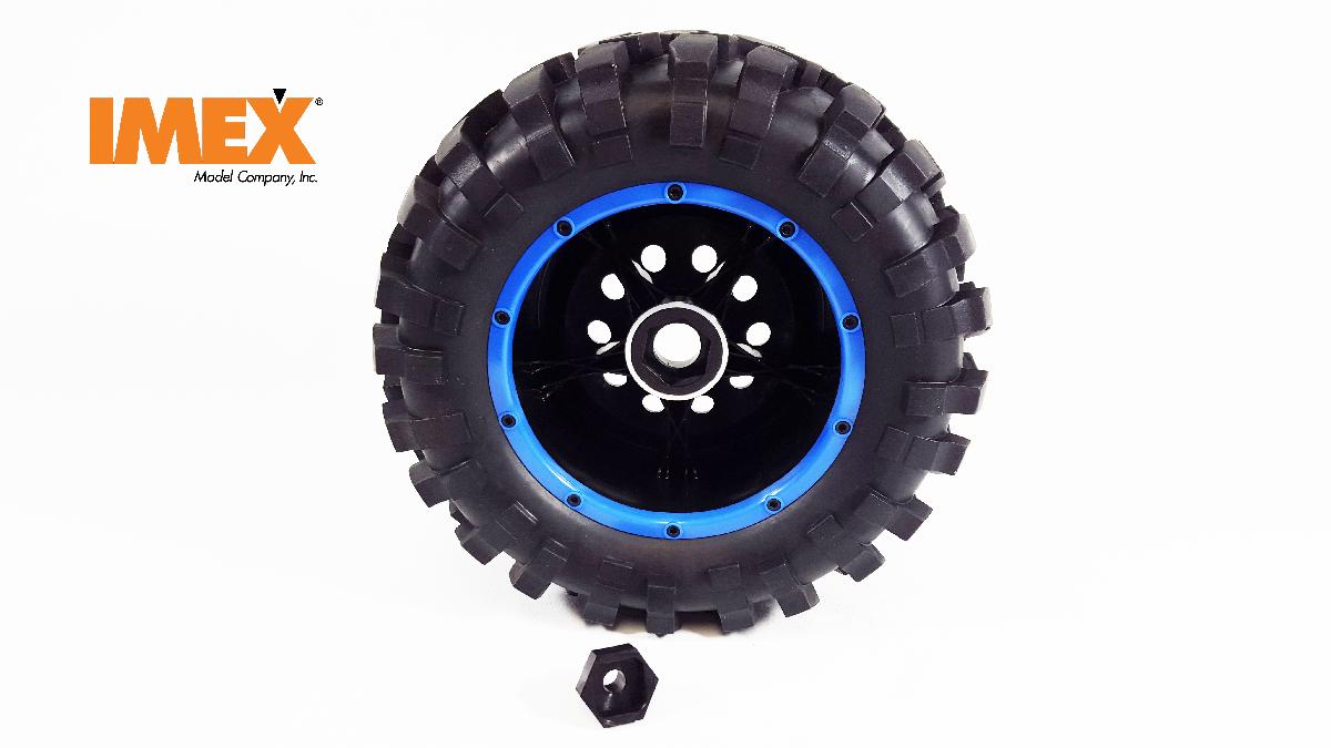 J-8 Tires w/ Pluto Beadlock Rims (Black/Blue) (1 Pair) - Prebuilt Monster Truck Tires