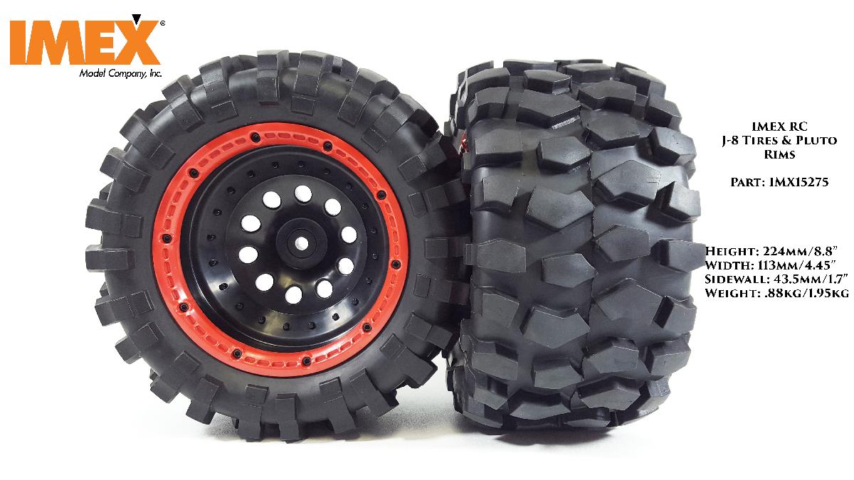 J-8 Tires w/ Pluto Beadlock Rims (Black/Red) (1 Pair) - Prebuilt Monster Truck Tires