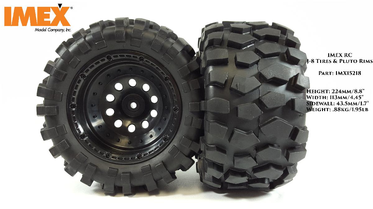 J-8 Tires w/ Pluto Beadlock Rims (Black/Black) (1 Pair) - Prebuilt Monster Truck Tires