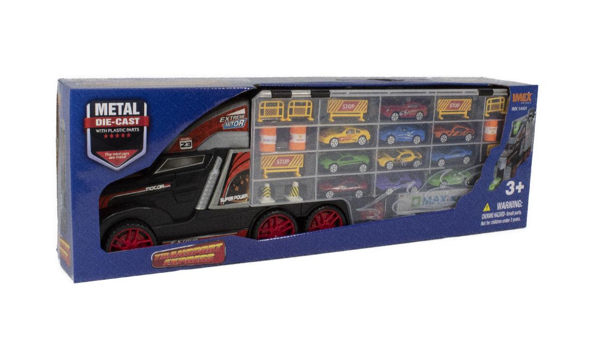 1:18 Scale Friction Carry Case Truck With Die-cast Vehicles Inside - Are you tired of your children and grandchildren only playing video games? IMEX Extreme Transporter trucks are the solution! 